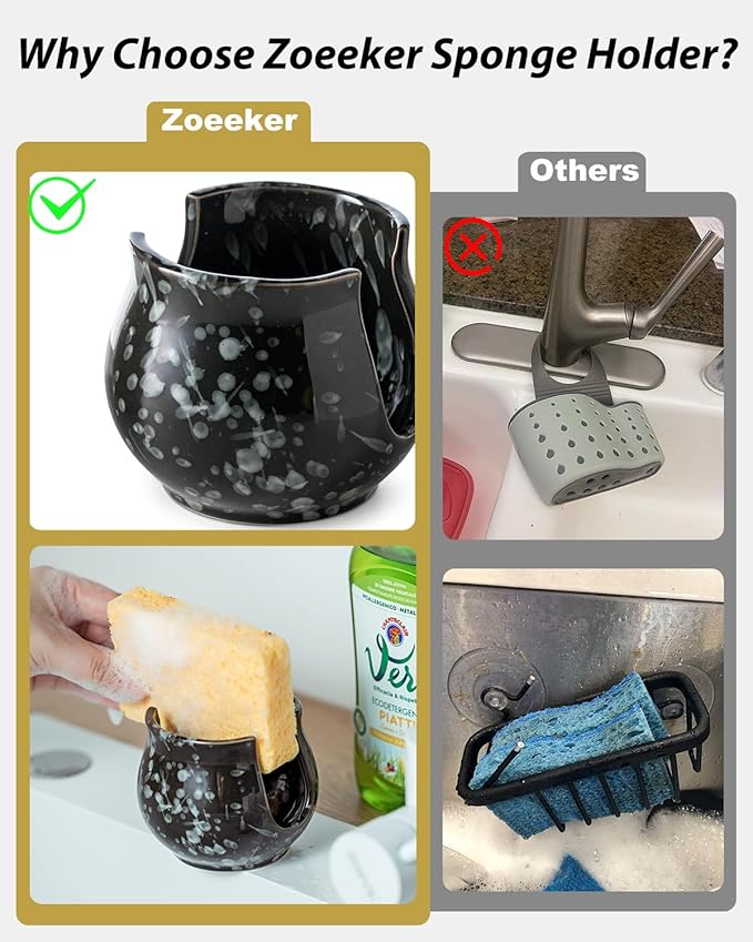 Zoeeker Kitchen Sponge Holder, Ceramic Dish Sponge Holder Kithen Sink Organizer