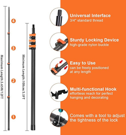 Carbon Fiber Christmas Light Hanging Pole 3.5-12FT, Telescopicing Light Hanging Pole with Utility Hook for Roof Gutter, Outdoor & Indoor Holiday Wedding Party Decorations, No Ladder Needed