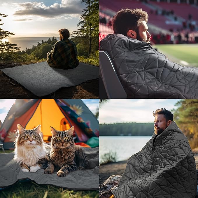 Outdoor Waterproof Blanket, Foldable Fleece Stadium Blanket for Outdoor Sports Event, Camping, Car, Pet, Picnics - Windproof, Wearable, Machine Washable 80" x 58" (Black Gray)