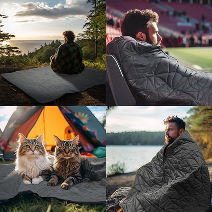 Outdoor Waterproof Blanket, Foldable Fleece Stadium Blanket for Outdoor Sports Event, Camping, Car, Pet, Picnics - Windproof, Wearable, Machine Washable 80" x 58" (Black Gray)