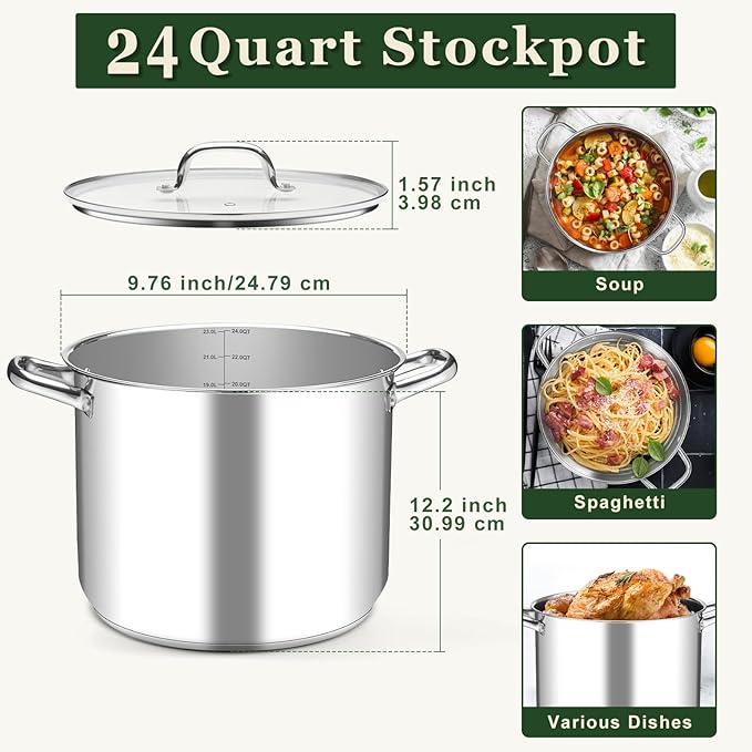 Leonyo Stainless Steel Stock Pot, 24QT Large Pot