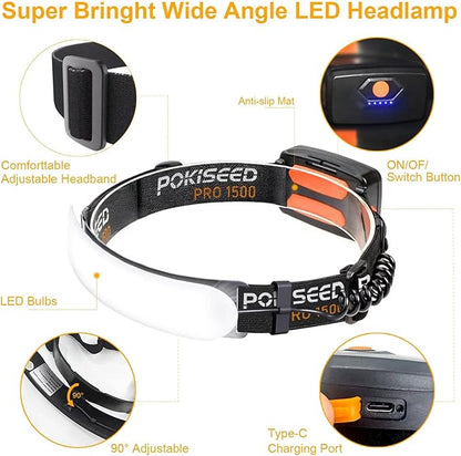 LED Headlamp Rechargeable, Super Bright 1500 Lumens 230° Wide Beam Headlamp, 3 Modes IPX6 Waterproof Lightweight Head Light with Taillight & Clips for Camping, Running,Fishing, Outdoors, Hard Hat Work