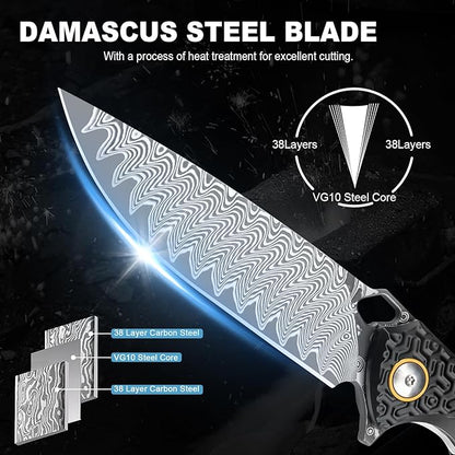 Damascus Pocket Knife for Men Women, 3.35" VG10 Core Damascus Steel Blade Folding Knives with Black Aluminum Handle, EDC Camping Knife