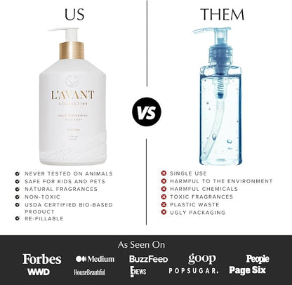 L'AVANT Collective Natural Dish Soap, Plant-Based, Fresh Linen, 16 Fl Oz | Plant-based formula, grease-cutting power, refillable glass pump bottle, kid and pet safe, cruelty-free, Fresh Linen scent
