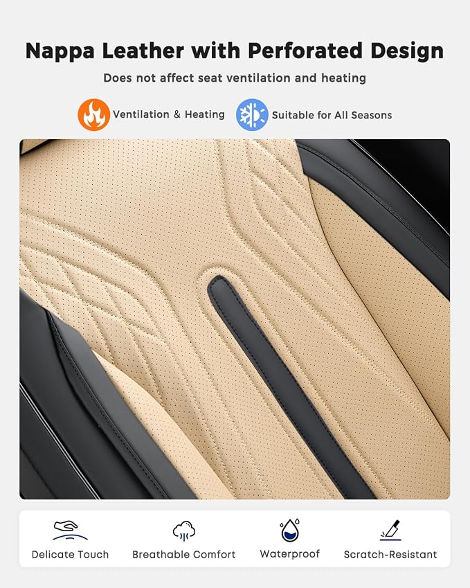 Huidasource Car Seat Covers Full Set, Universal Fit for Most Cars SUV Trucks, Full Coverage Nappa Leather Seat Cover, Airbag, Cupholder Compatible, Velcro Adjustable,Seat Function Retain, Black&Beige