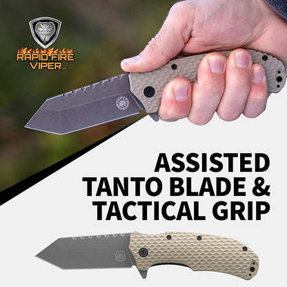 Off-Grid Knives - Rapid Fire Viper, Assisted Tanto Blade, Hard Use Build, Tactical, Camping & Survival EDC, Cryo D2 Steel, Graywash, Coyote G10 Scales, Deep Pocket Carry (Coyote)