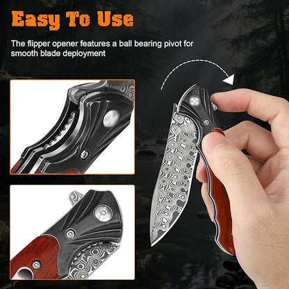 AUBEY Damascus Pocket Knife, Folding Knife with 3.43" Blade, Wooden Handle, Clip, EDC Knife for Outdoor, Hiking, Hunting, Gift/Collection for Men Women