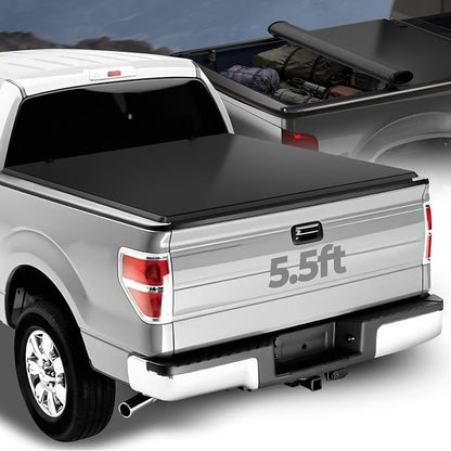 Auto Dynasty Soft Roll-up Truck Bed Tonneau Cover Compatible with 2004-2014 Ford F-150 5.5Ft/66Inch Fleetside Bed, Matte Black Soft Vinyl Top