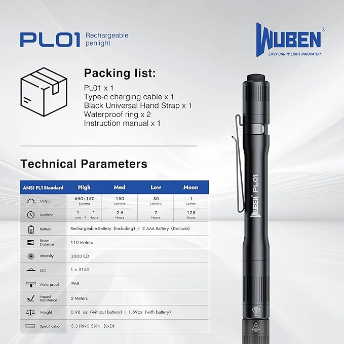 WUBEN PL01 Pen Light, 650 Lumens Pocket EDC Flashlight Rechargeable, Bright LED Pen Flashlight, IP68 Handheld Flash Lights, Compatible 2 AAA Battery for Home, Outdoor, Emergencies, Inspection