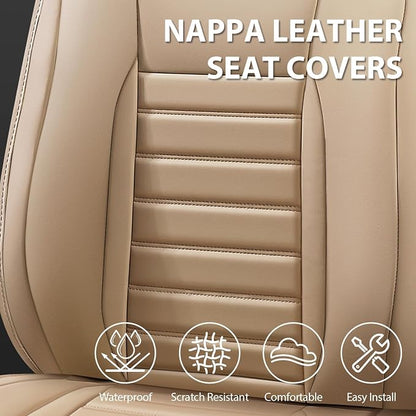 CAR PASS Nappa Leather Car Seat Covers Front Seats, Luxury Seat Protector for Cars, Waterproof Anti-Slip Seat Cushion Airbag Compatible Universal for Sedan SUV Pick-up Truck Automotive Vehicle, Beige