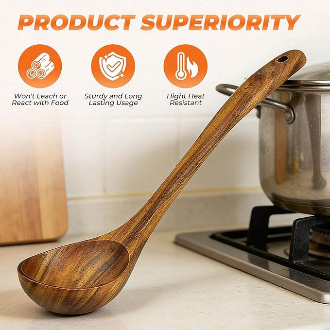 2Pcs Wooden Ladle and Spatula, Natural Acacia Long Handle, Large Capacity