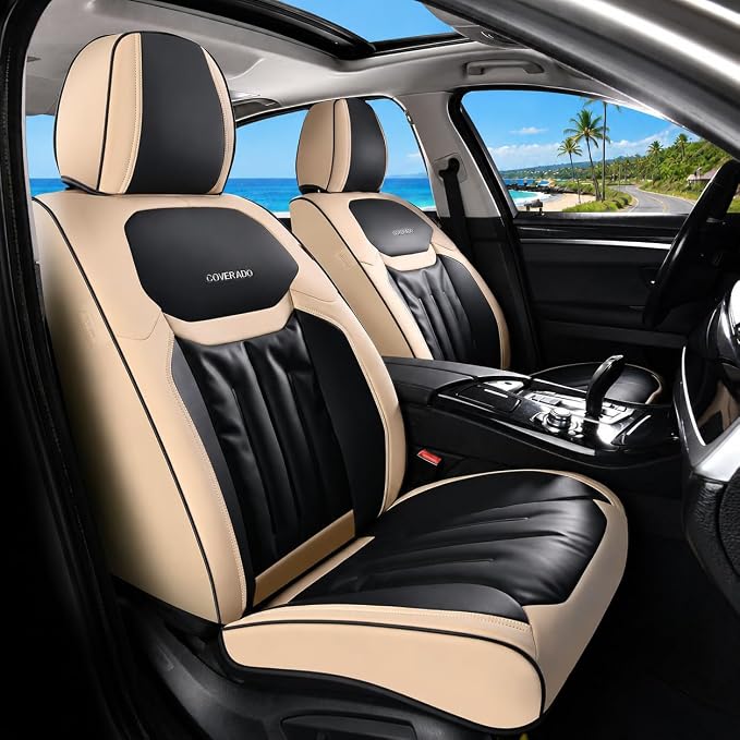 Coverado Front Seat Covers, Waterproof Leather Car Seat Covers, Seat Covers Car Seat Protector, Automotive Seat Covers Universal Fit for Most Cars(Front, Beige&Black)