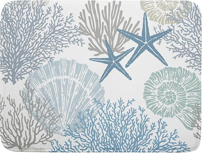 Nautical Dish Drying Mat for Kitchen Counter Coastal Seashell Starfish Summer