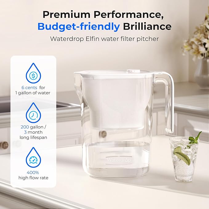 Waterdrop PT-05W-L Water Filter Pitcher, NSF Certified, 200-Gallon Long-Life