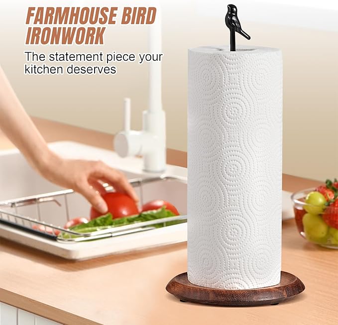 Wooden Paper Towel Holder countertop, Stylish Bird Shaped, Solid Wood Base&Iron