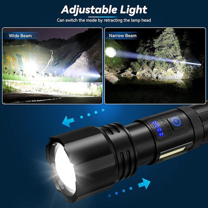 Rechargeable Flashlight, 99,000 Lumens Super Bright Flash Light, 7 Modes with COB Work Light, IPX6 Waterproof, Powerful Handheld LED Flashlights for Camping, Hiking