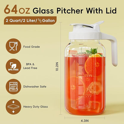 Glass Mason Jar Pitcher, 64 oz Wide Mouth Jug