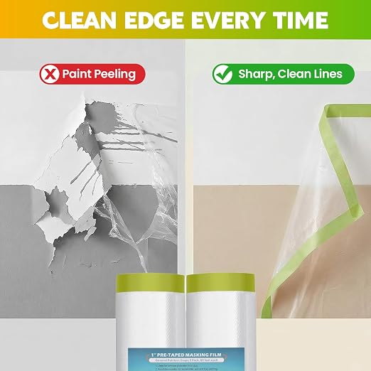 LLPT Pre-Taped Masking Film, 35.4" Unfolded x 66Ft, 0.31 Mil, 2 Pack