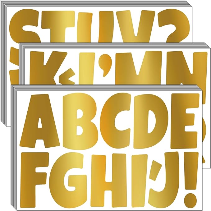 Bemeol Letter Stickers 432 Pieces 36 Sheets Bulletin Board Letters 3 Inch Classroom Alphabet Poster Board Letter for Bulletin Board Display School Decor(Gold)