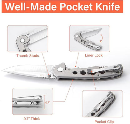 Men's Folding Pocket Knife – 3.4" Sandvik 14C28N Blade CNC Titanium Handle Ceramic Bearings, Liner Lock Deep Pocket Clip – EDC Knife for Outdoor Hiking, Survival Use