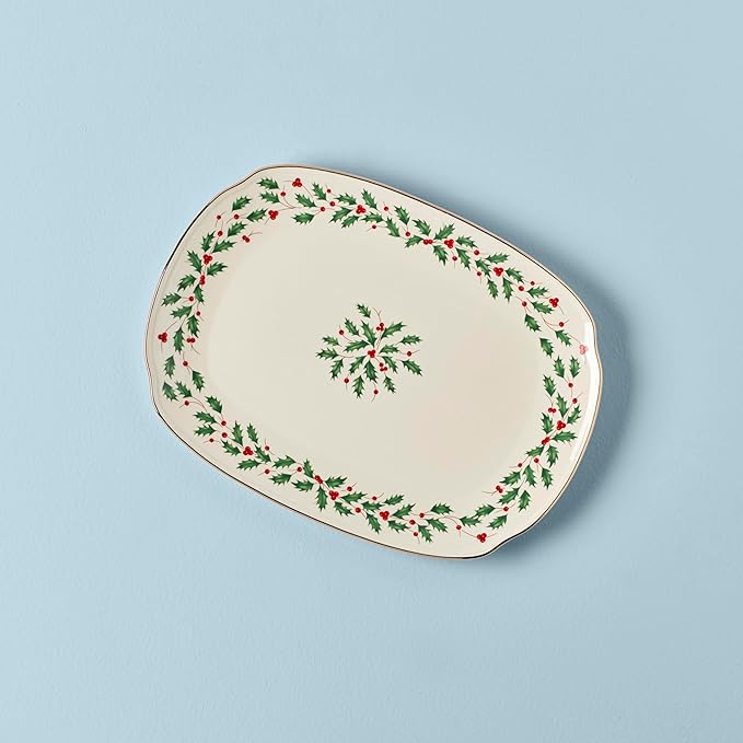 Lenox Serveware, Holiday Serving Platter, Oval Shape, 15.25-Inch, Ivory, Porcelain Material, Dishwasher Safe, Turkey Platter for Thanksgiving, Winter Hosting, Christmas Serving (Multicolor, 1 Piece)