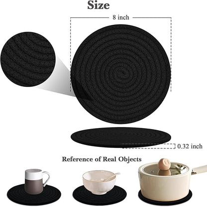 Trivets for Hot Dishes, 4 Pot Holders for Kitchen, Heat Resistant Mats for Countertop, 8 Inch Hot Pads for Hot Pots and Pans, Coaster, Home Essentials, Rustic Farmhouse Decor (Black)