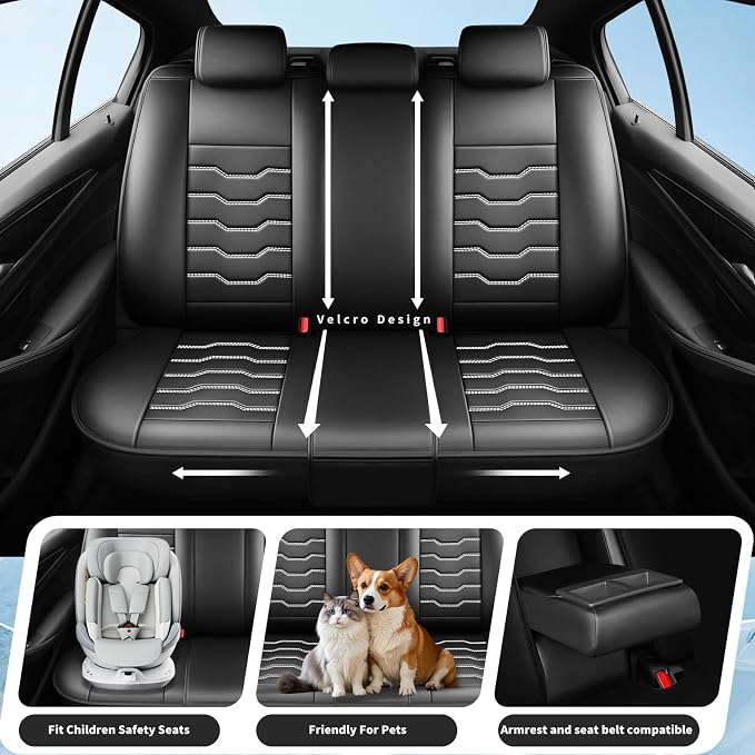 Car Seat Covers Fit for Jeep 5 Seats Wagoneer 2022-2025 2026 - Premium Leather, Waterproof & Breathable，All-Weather Seat Cushion Protecto & Airbag Compatible, Full Set White Line Black