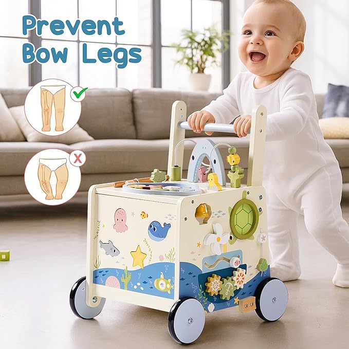 ROBOTIME Wooden Baby Walking Toy, Montessori Baby Walker Push Toy with Adjustable Height & Speed, Activity Center Baby Push Toy with Music, Fishing Game & Storage for Toddler 10M+ (Ocean World Theme)