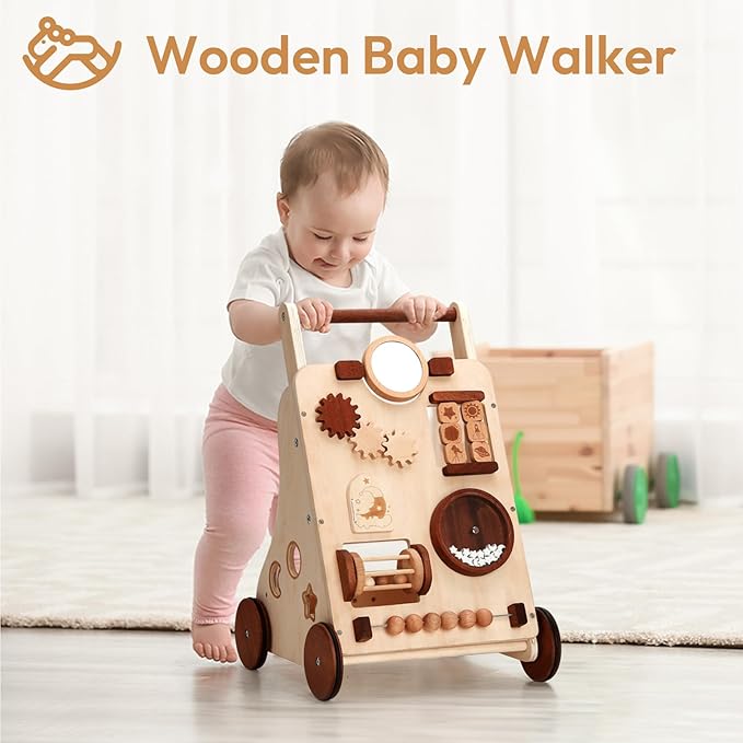 Woodtoe Wooden Baby Walker, Adjustable Speed Push Walker, Montessori Walker for Boys and Girls, Baby Activity Center, Sit to Stand, Toddler Push Toys for Babies 9-12 Months, 1 2 3 Year Old