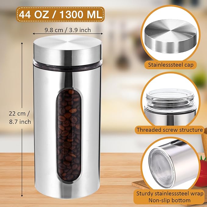 Mimorou 6 Pack Kitchen Canisters Set Airtight Coffee Sugar Tea Candy Storage Jars with Window Glass Stainless Steel Containers with Lids for Flour Cookies Spices Grains Kitchen Decorations(44 oz)