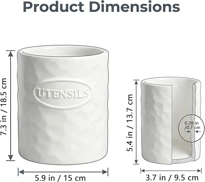 White Utensil Holder Set of 2 Ceramic Cooking Utensil Crock Modern Kitchen