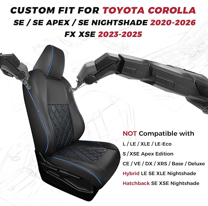 FREESOO for Toyota Corolla Seat Covers 2020-2026 SE/SE Apex Nightshade & 2023-2025 XSE & 2025 FX, Custom Car Seat Covers, Leather Car Seat Cover, Waterproof Seat Covers for Cars, Black Blue Full Set