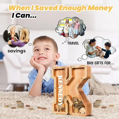 KMC Wooden Letter Piggy Bank, Personalized Initial Piggy Bank for Kids Boys, Clear Alphabet K Wood Money Box, Unbreakable Coin Saving Jar, Birthday, for Children