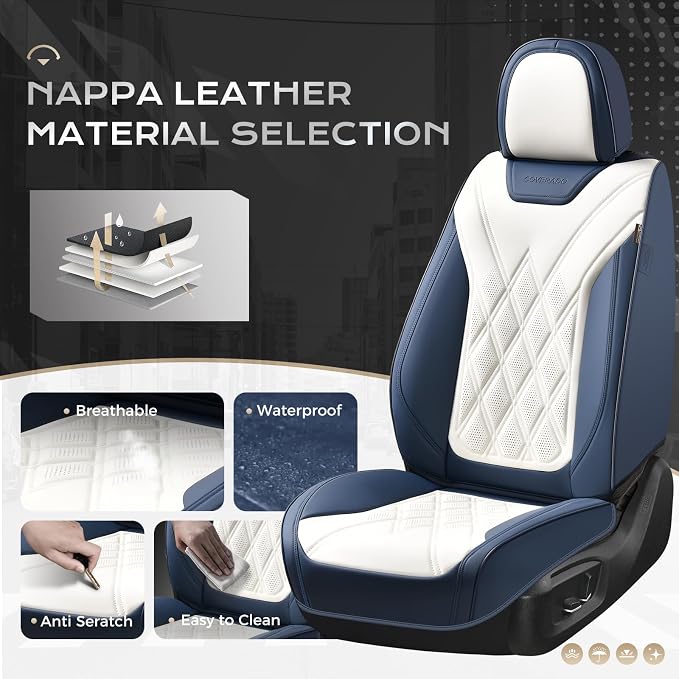 Coverado Car Seat Covers, Front Covers for Cars, Car Seat Cover Front Seats, Automotive Seat Cover, Waterproof, Leather Car Seat Cushion, Universal Interior Seat Protectors for Most Cars Blue-White