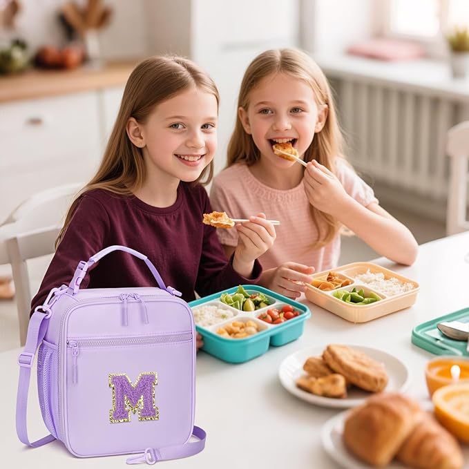 Initial Insulated Lunch Bag for Girls Kids, Back to School Gift, Reusable Leak-proof Lunch Box with Adjustable Strap for School Daycare Travel Picnic (Purple,M)
