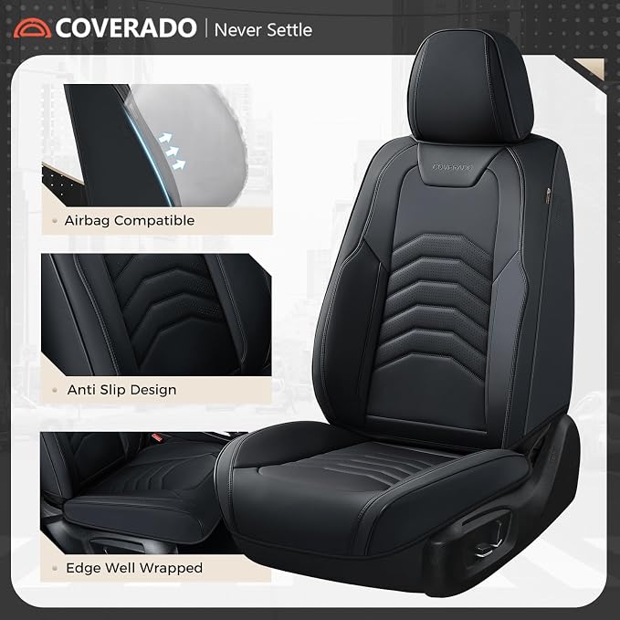 Coverado Car Seat Covers Front Seats, 2-Pack Black Seat Covers for Cars, Waterproof Leather Car Seat Covers for Cars, Car Seat Protector Car Seat Cushion Universal Fit for Most Cars Trucks SUV