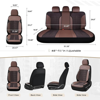 Coverado Leather and Air Mesh Seat Cover, Car Seat Cover Full Set, 3D Breathable Seat Protectors Sports Carbon Fiber Design Airbag Compatible Comfort Universal for Most Cars, Van,Trucks, SUV, Brown