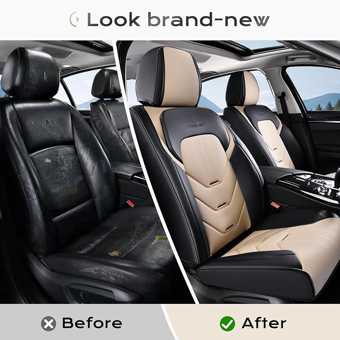 Coverado Car Seat Covers Full Set, Leather Seat Cover for Car, Front and Back Seat Covers, Black & Beige Car Seat Protector, Waterproof Car Seat Cushion Automotive Seat Cover Universal for Most Cars