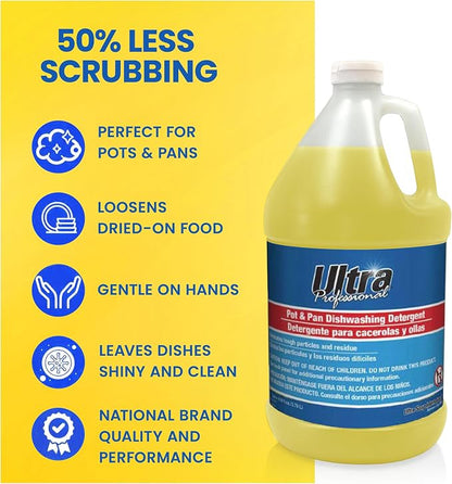 Ultra Professional ™ 4 Pack 1 Gallon Pots & Pan Dishwashing Detergent Dish Cleaning Liquid, Lemon Scent, Yellow - Powerful Grease Remover