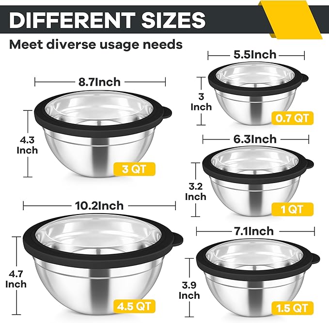 TeamFar Mixing Bowls Set, 4.5/3/1.5/1/0.7 QT Stainless Steel Nesting Salad Bowls