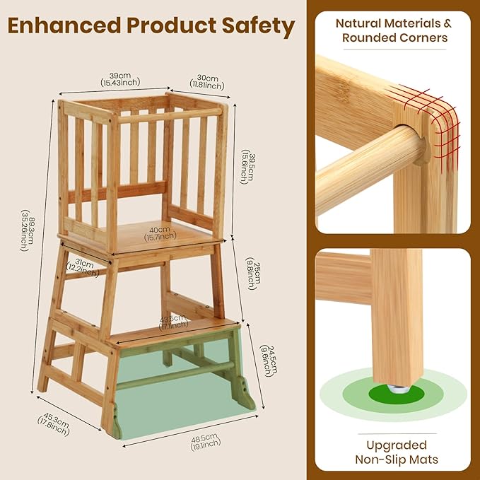 COSYLAND Toddler Standing Tower with Stabilizing Legs - Bamboo Kids Kitchen Step Stool for Learning Cooking - Stable Nursery Standing Stool for Kitchen Island, Bathroom (Natural)