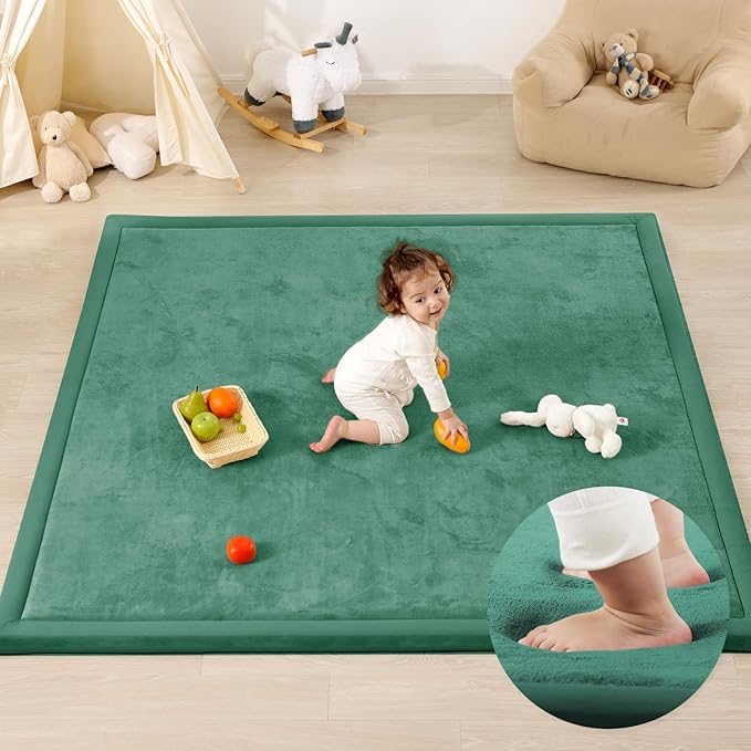 1.3" Thick Baby Play Mat for Floor Playpen, 50x50 Foam Tummy Time Mat, Padded Support Soft Plush Nursery Rug for Infant Kids Toddler Crawling Kick Activity (Emerald)