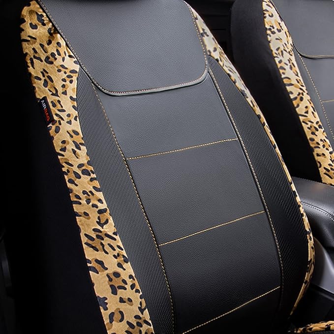 Flying Banner car seat Covers Protects Leopard Printing Velvet Faux Leather Carbon Fiber Front Pair Carbon Fibre (Leopard Black, Front Pair)