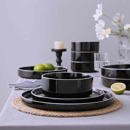 Famiware Nebula Plates and Bowls Sets for 4, 12 Pieces Stoneware Dinnerware Set, Microwave and Dishwasher Safe Dishes Set, Black with White Rim