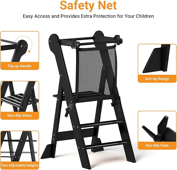 COSYLAND Foldable Toddler Kitchen Stool Helper - Height Adjustable Standing Tower for Bathroom Sink or Kitchen Counter - Step Stool for Toddlers Ages 18 Months to 6 Years Black