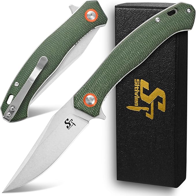 Sitivien ST112 Folding Knife, D2 Blade and Micarta Handle EDC Tool Knife with Pocket Clip for Outdoor Camping Hiking Survival(Army green)