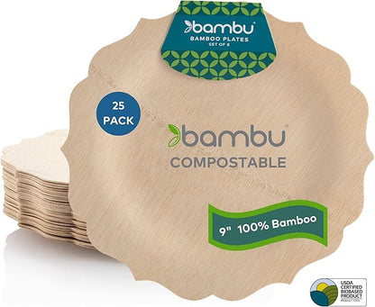 Bambu Pack of 25-9 Inch Disposable Bamboo Plates Fancy, Biodegradable Eco Friendly Products, Bamboo Disposable Plates for Party, Weddings, and Events, Great For Any Occasion, Compostable Plates