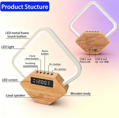 Wood Sunrise Alarm Clock with White Noise Machine 3 Color Night Light 15