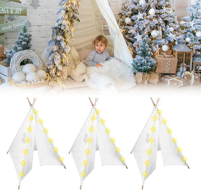 3pcs Teepee Tent with 10FT String Lights for Kids, Canvas Teepee Play Tent, Indoor & Outdoor Playing Tents with for Girls & Boys Party Indoor Outdoor Games (White)