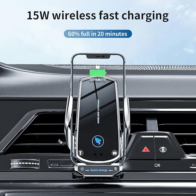 Wireless Car Charger Mount 15W Fast Charging Auto Clamping Automotive Electric Induction Car Phone Holder Mount Car Wireless Charger Air Vent Car Phone Mount Compatible with All Android (Black)